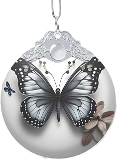 Colgante de cristal de Navidad con estampado de mariposas y flores grises, elegante colgante redondo de cristal con cadena para vacaciones y cumpleaños