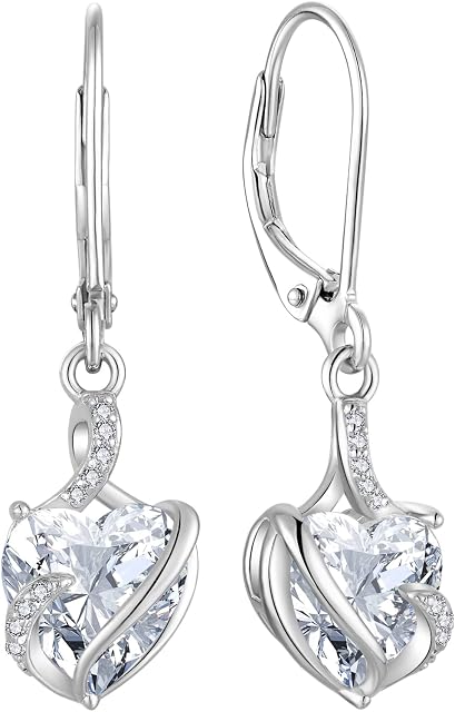 FJ Heart Birthstone Earrings for Women 925 Sterling Silver Leverback Dangle Drop Earrings Jewellery Gifts for Women Girls