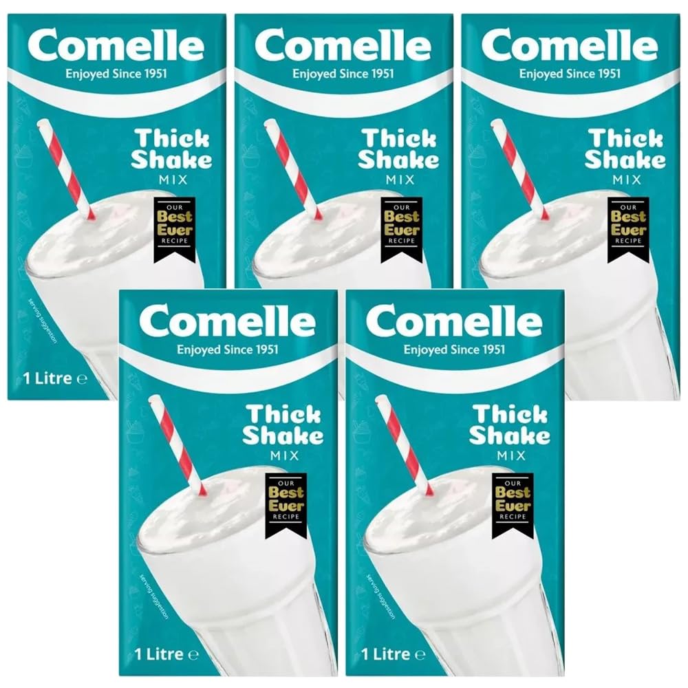 Comelle Thick Shake Mix for Commercial Machines 1L Pack of 5 Instant UHT Long Life Skimmed Vanilla Flavour Milkshake Drink Ready to Use with Welari Thank You Card | (5pack) (5L)