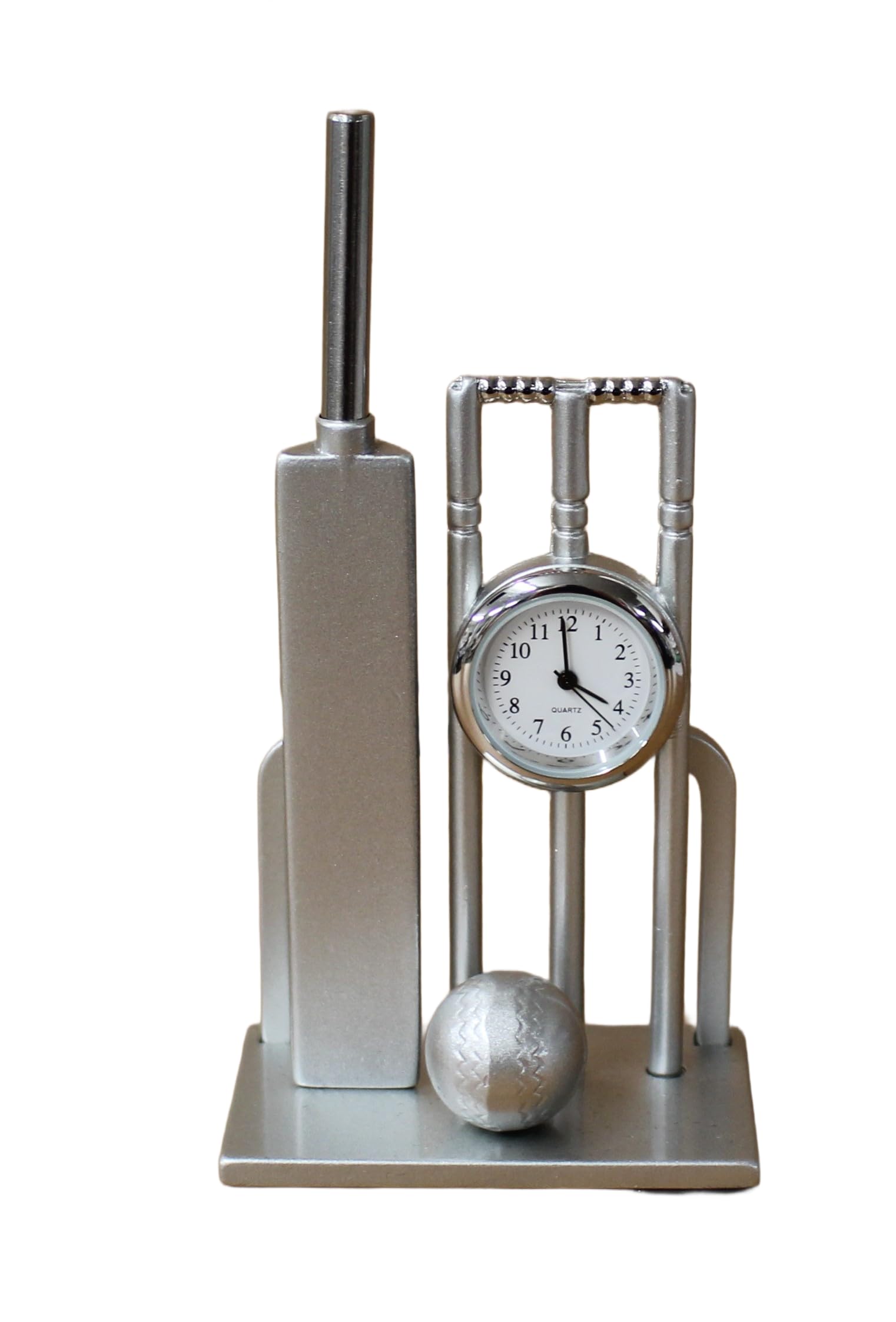 benerini Miniature Silver Colour Metal Cricket Bat & Ball Desk Clock - Cricket Gifts - Free Standing - Boxed Gift
