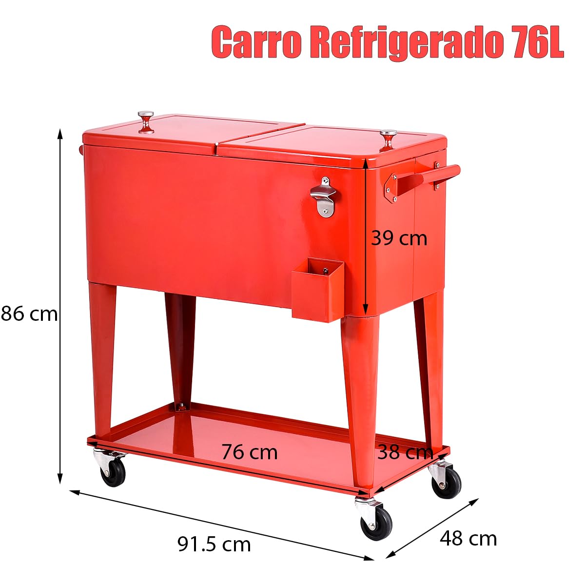 GYMAX Carro Refrigerador de 76 litros, Enfriador de Bebidas con 4 Ruedas Universales, Estante y Abrebotellas, Nevera con Doble Tapa, Caja Térmica, Enfriador de Bebidas para Jardín, Terraza