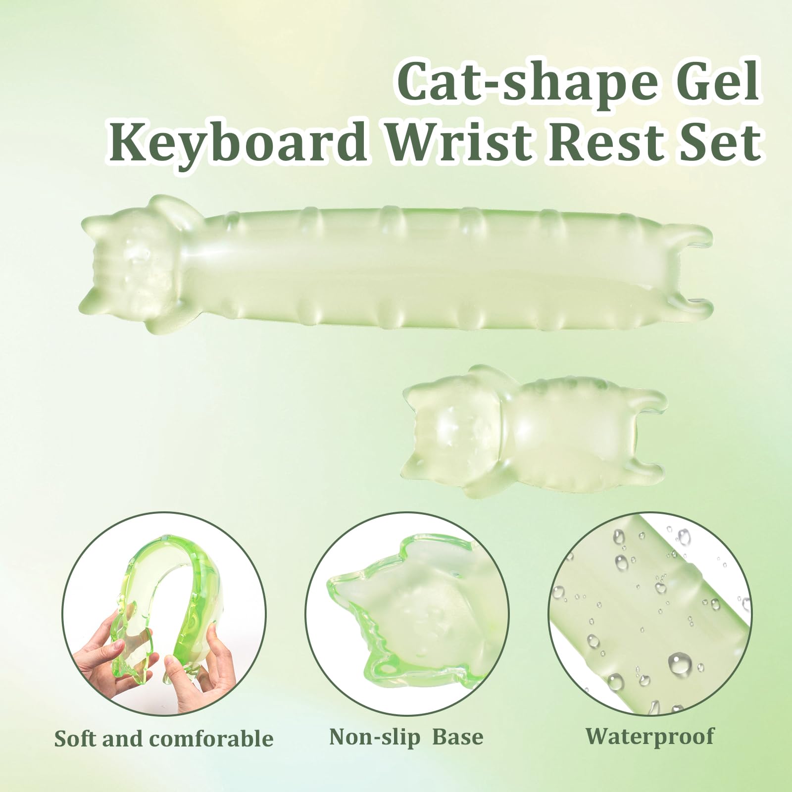 Juego de reposamuñecas de gel para teclado y ratón, reposamuñecas de gato transparente verde