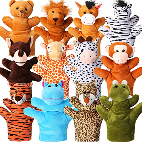 12 Pieces Hand Puppet Zoo Animal Plush Puppets Cute Animal Hand Puppets Plush Pretend Toys Educational Toys with Tiger Lion Monkey Bear Leopard Design for Telling Story Teaching Role Play (Cute) -  Hungdao, Hungdao-Plush Puppets-01