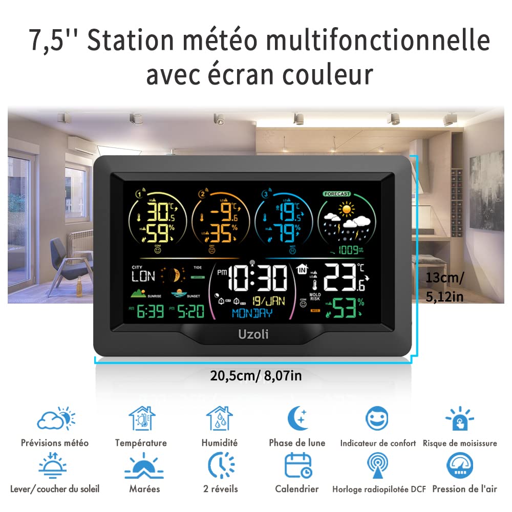 Uzoli weerstation met regenmeter windmeter wifi app kleurendisplay temperatuur vochtigheid weersvoorspelling luchtdruk Maanfase 6 in 1 buitensensor draadloos - FT0367
