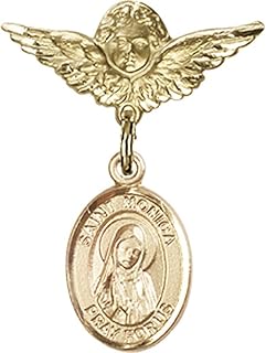 14kt Yellow Gold Baby Badge with St. Monica Charm and Angel w/Wings Badge Pin 1 X 3/4 inches