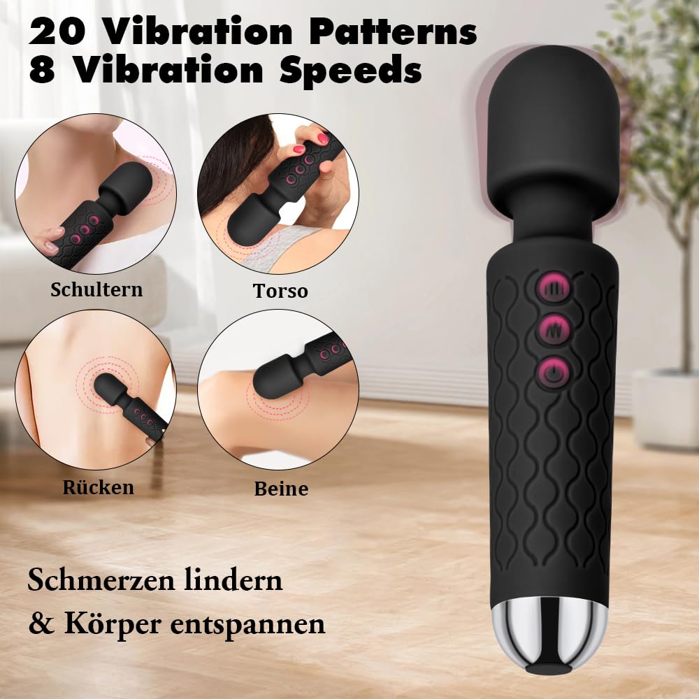 Vibration für Frauen Massagestab Massager Leises&Starkes,Elektrischer Handheld Kabelloses Handmassagegerät Stab-Massager aus Weiches Silikon, 20 Vibrationsmodi& 8 Geschwindigkeiten,Ganzkörper,Schwarz