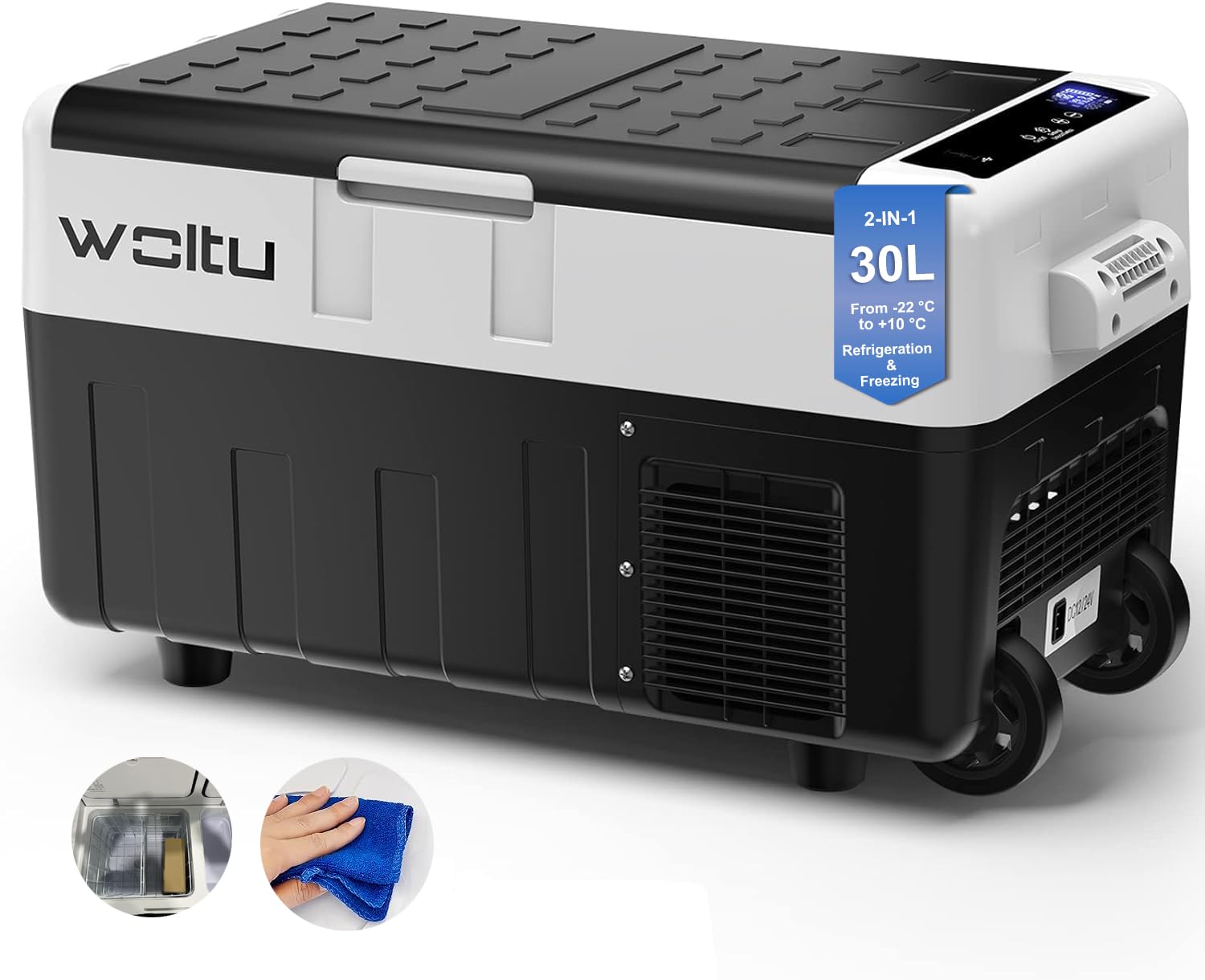 WOLTU Nevera Eléctrica para Coche 30 L, Mini Refrigerador Portatil con Ruedas y Asa de Transporte, Nevera Portatil para Coche de Compresor, 12/24 V y 100-240 V, 2 Modos de Trabajo, Negro, KUE013wsz