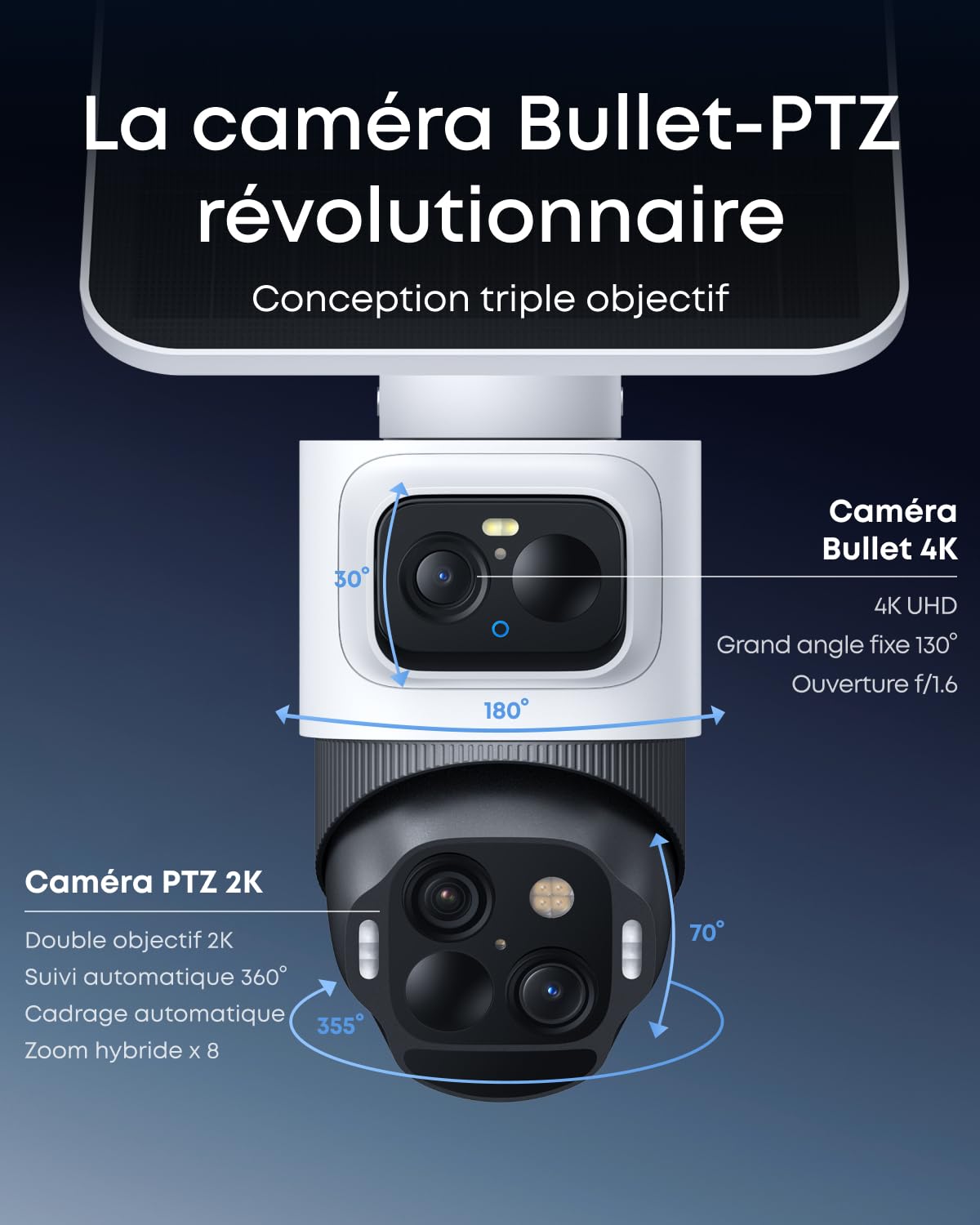 Caméra de surveillance eufyCam S4, solaire sans fil pour l'extérieur, Bullet-PTZ triple objectif, 4K UHD, couverture 360°, inclinaison, suivi auto, zoom hybride x 8, vue nocturne, pour HomeBase S380