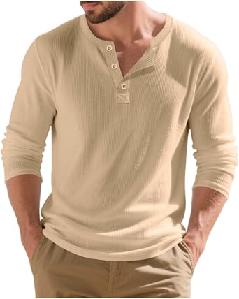 Men Long Sleeve Henley Shirts Ribbed Slim Fit Casual Tops