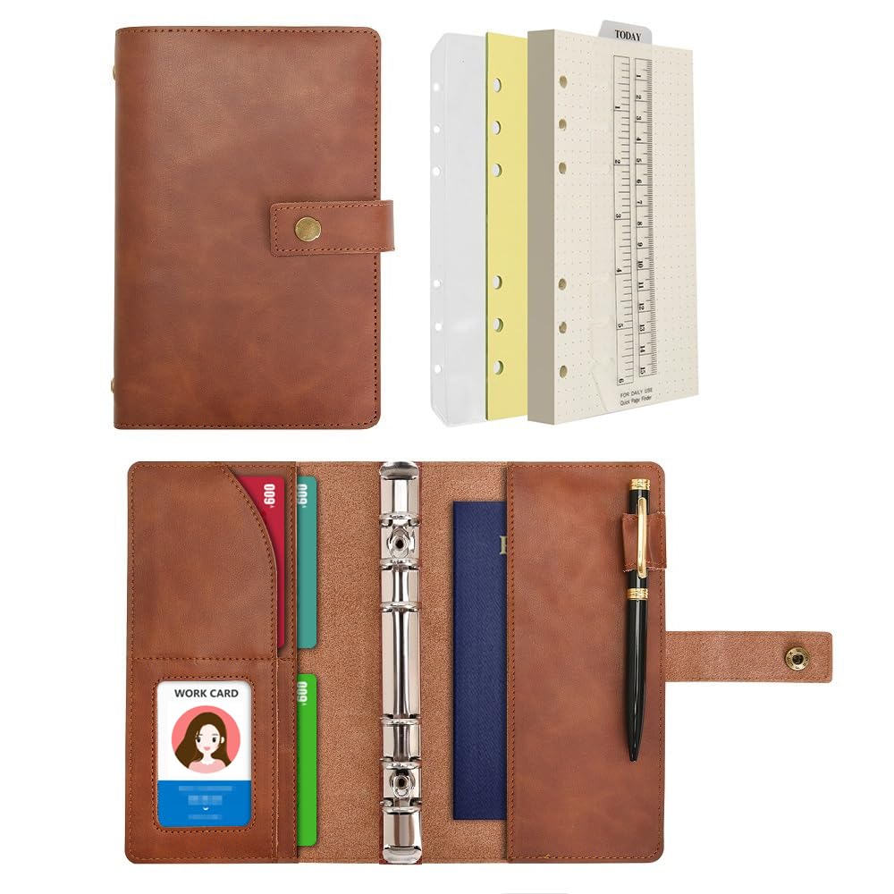 Wonderpool A6 Leder Notizbuch Nachfüllbares 6 Ringbuch Tagebücher Portfolio – Gepunktetes Papier & Innentaschen Organizer für Mann und Frau (Kaffee, A6)