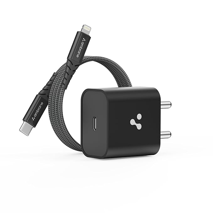 Ambrane 20W Mobile Charger Adapter with Lightning Cable || Fast Charging for Android, iPhone 14/13,13/12/11/X & Pro, Max Series & Other Type C Enabled Devices, PD Technology, BIS Certified (Raap M20)
