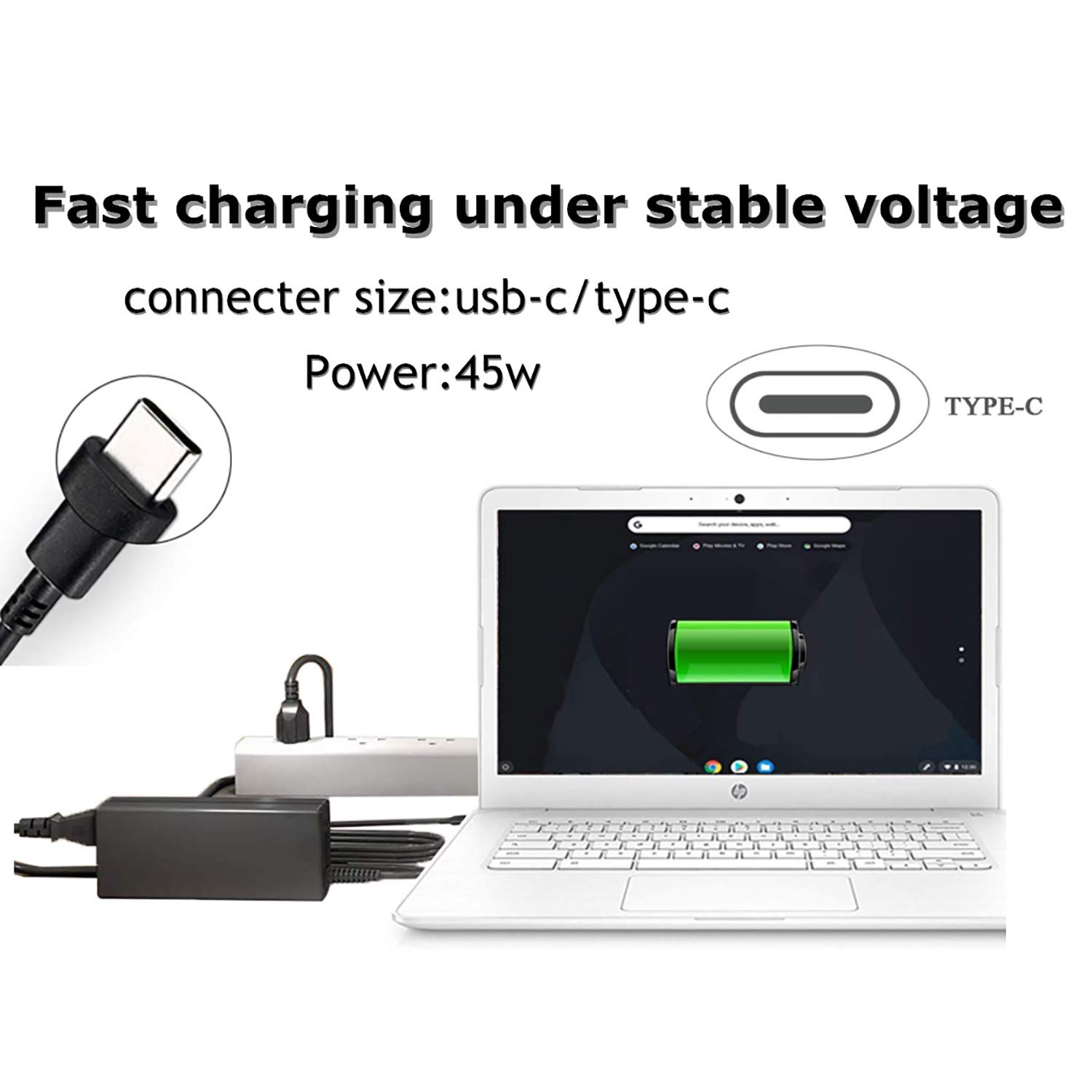 Vinpera 45W Type-C USB-C Charger Adapter for HP Chromebook 14-ca051wm 14-ca052wm 11-AE000 14-CA000 14-ca061dx 14-ca020nr 14-ca060nr 14-ca043cl X360 11 EE Adapter Power Supply Cord