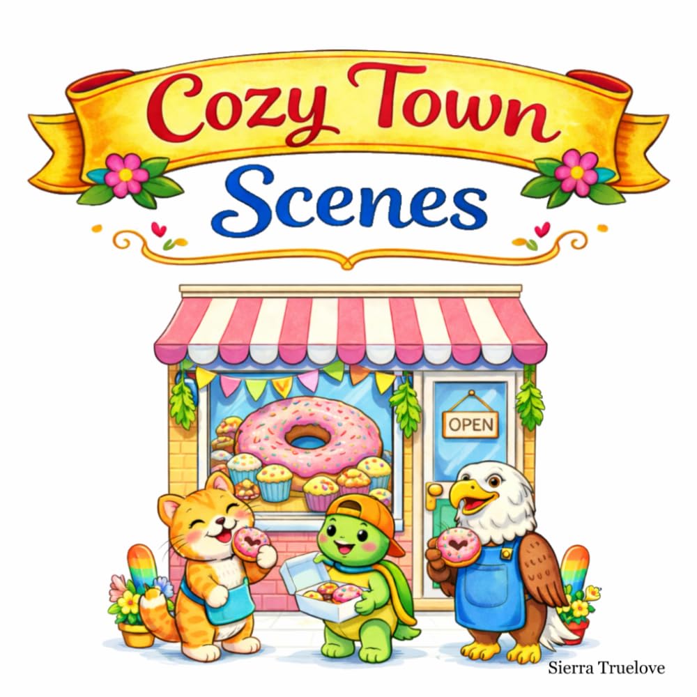 Cozy Town Scenes: Bold and Easy Coloring Book of Cute Small Town Scenes for Beginning Colorists