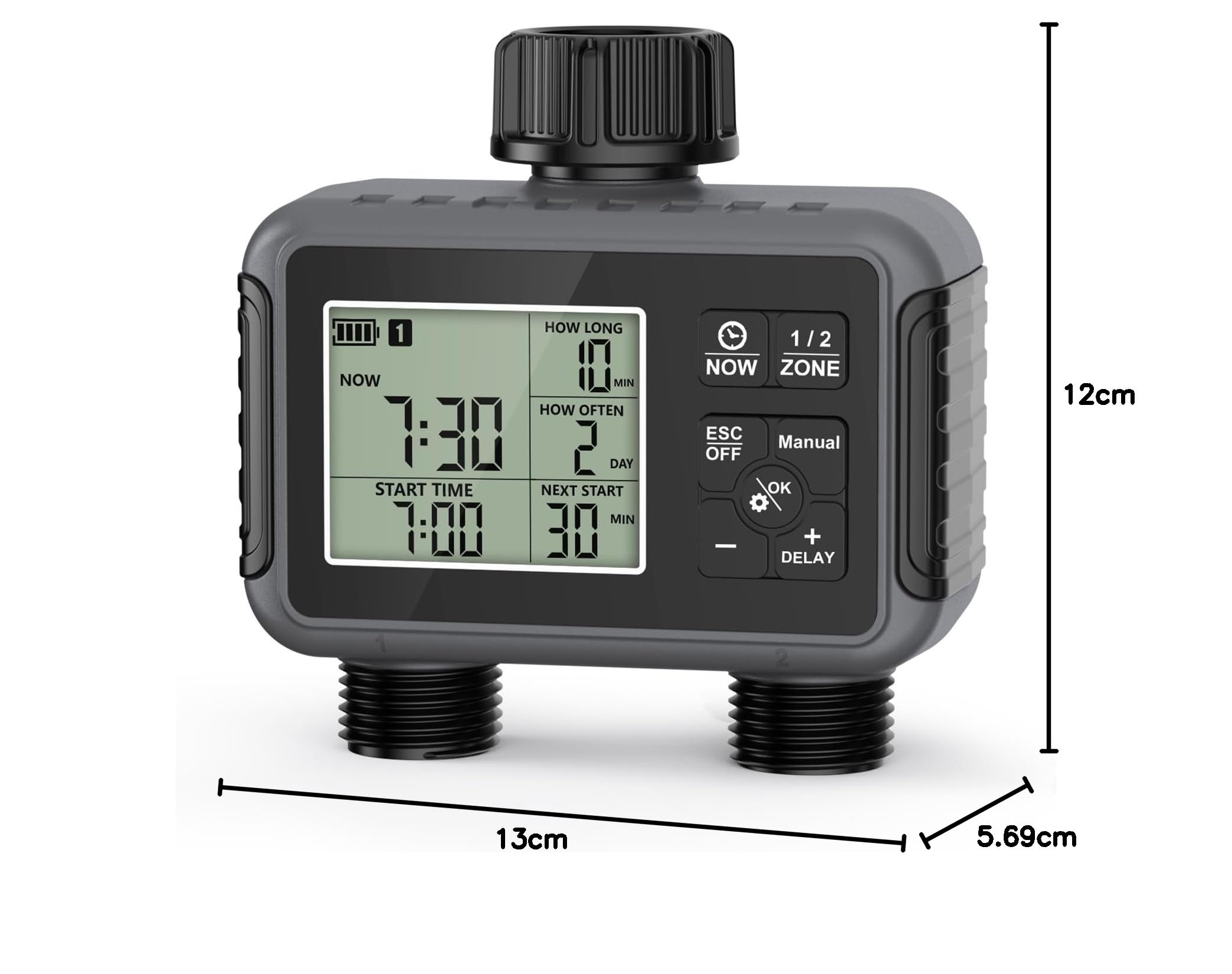 Haozee Ordenador de riego de 2 salidas, temporizador de riego de jardín con retardo de lluvia/modo automático y manual, IPX5 resistente al agua/pantalla LCD grande control de riego