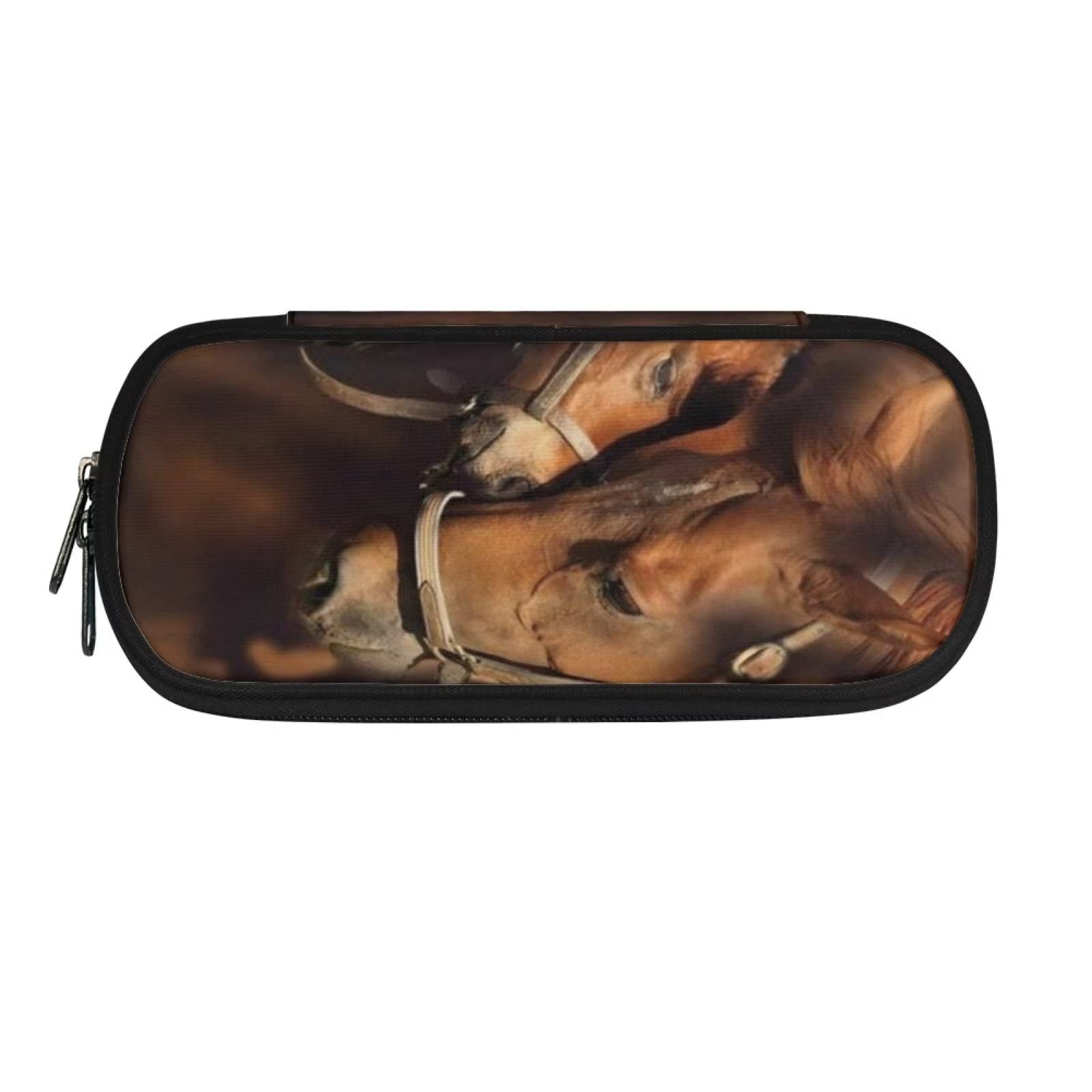 HUGS IDEA Animal Brown Horse Large Pencil Case for Boys and Girls, Aesthetic Pencil Bag with Multi Compartments for Adults, School Office Stationery Organizer Pencil Case