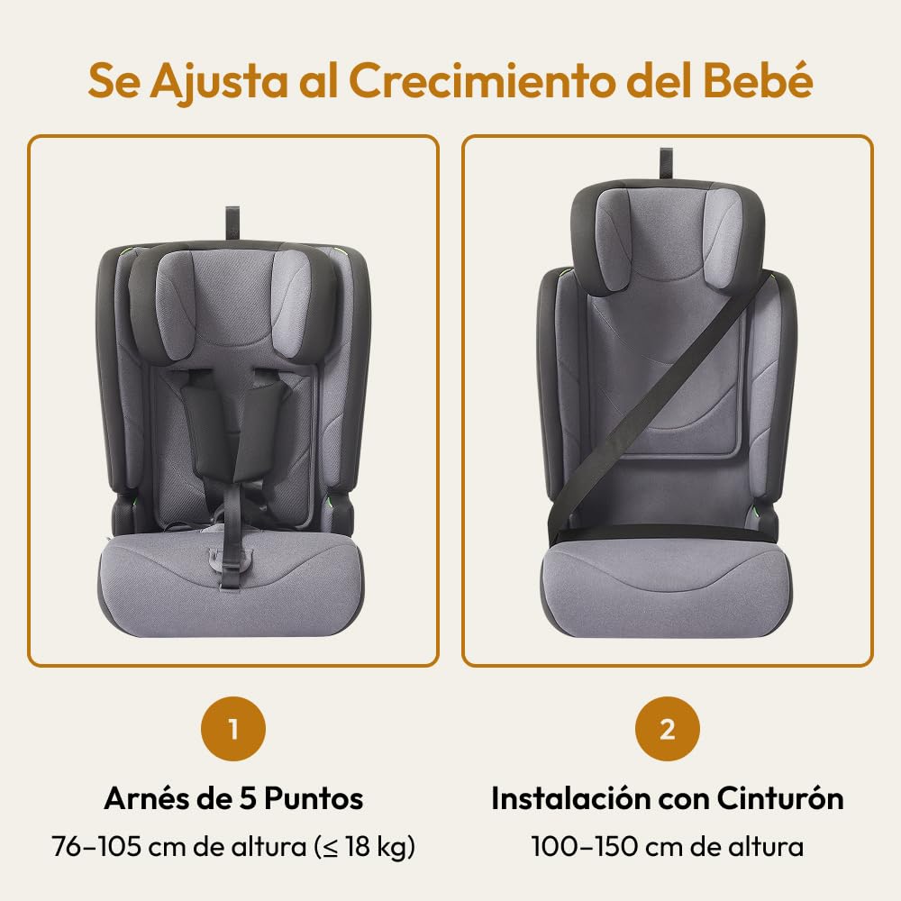 Silla Coche Bebe 76-105 cm hasta 36 kg desde 15 Meses, ECE R129 i-Size Booster Seat 100-150 cm hasta 12 Años, con Funda Desmontable, Cojín Extra de Cabeza y Arnés Ajustable, Gris oscuro
