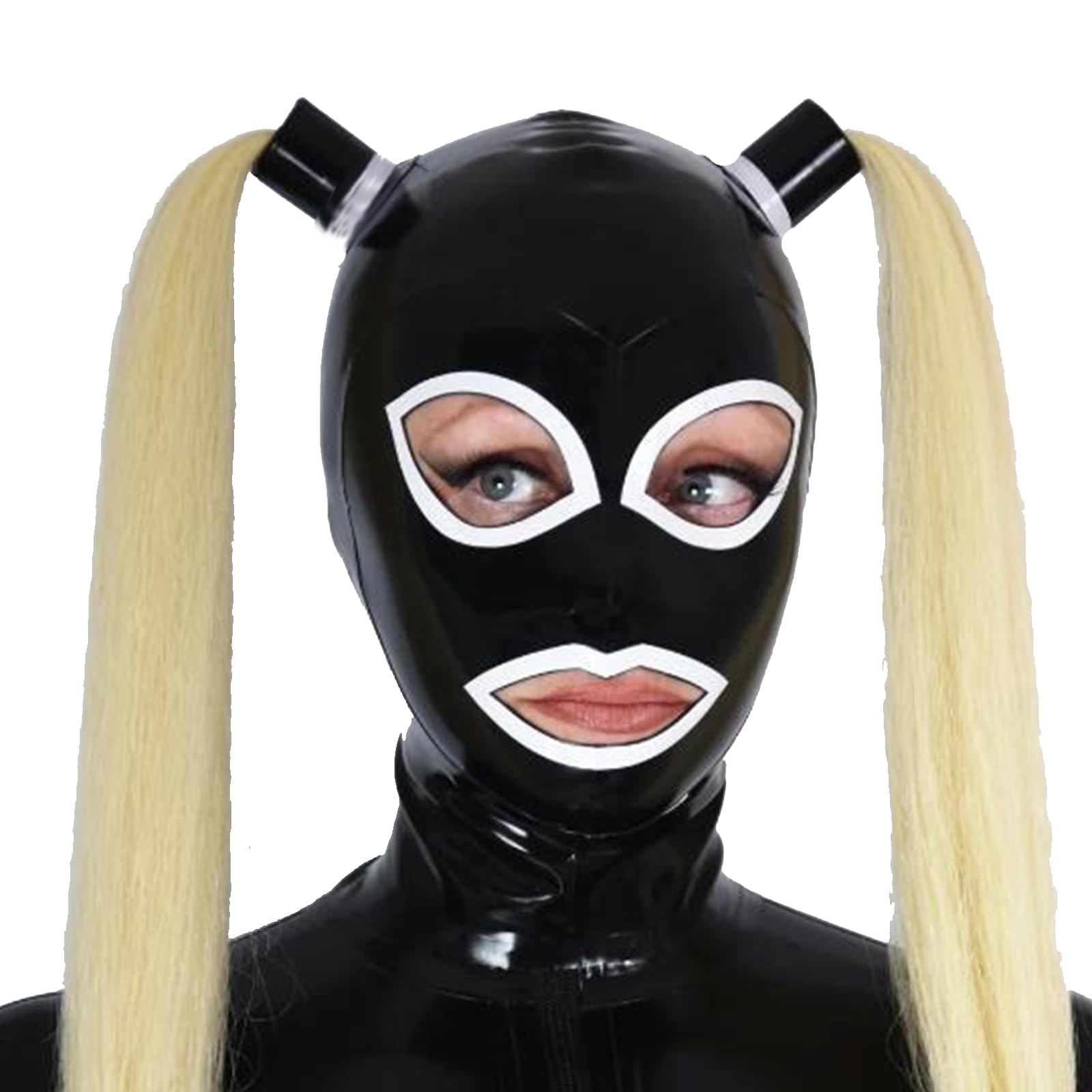 DSPENGS BDSM Latex Hood with Double Ponytail Full Face Breathing Zipped Latex Mask Novelty Rubber Masquerade Club(Size:S-63CM)