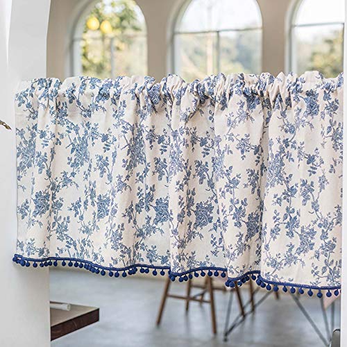 AFCC Kurze Gardine,Gardinen Kleinfenster,Scheibengardinen Wohnzimmer,Pflanze Blumenmuster, Kleine Pompon Quasten,Baumwolle Und Leinen Mischgewebe,Küche,Schlafzimmer,Kaffee Schrank Cover