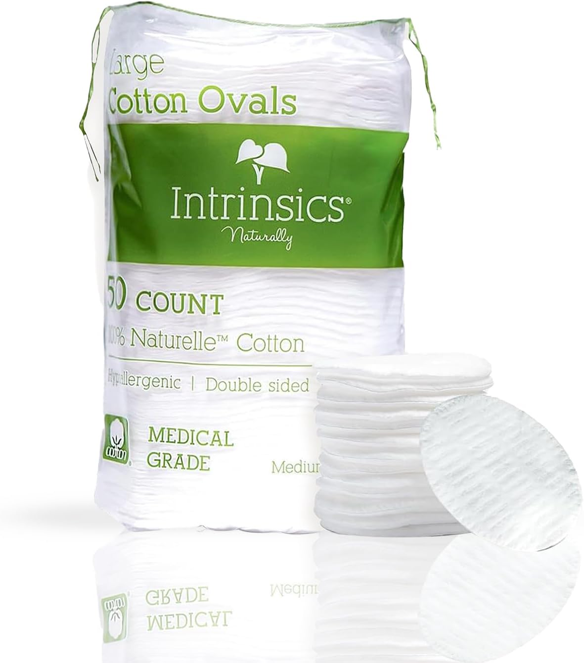 Intrinsics Premium Cotton Ovals (50 Count) – Dual-Sided 3” Medium-High Absorbency Large Cotton Pads, Lint-Free Hypoallergenic Cotton for Makeup Removal, Cleansing, and Exfoliation