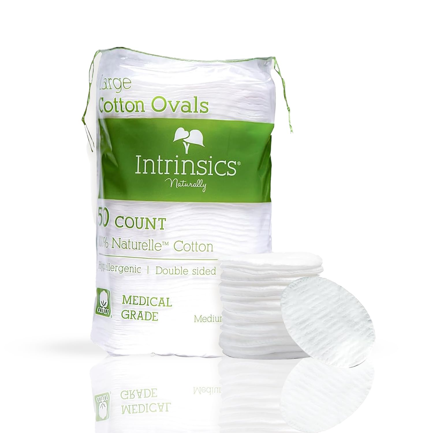Intrinsics Premium Cotton Ovals (50 Count) – Dual-Sided 3” Medium-High Absorbency Large Cotton Pads, Lint-Free Hypoallergenic Cotton for Makeup Removal, Cleansing, and Exfoliation