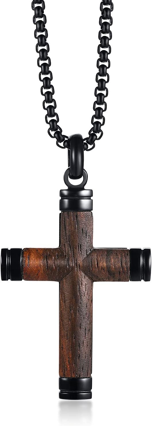 Wood Cross Pendant for Men, Ebony Wooden Cross Necklace Titanium Steel Crucifix Pendant Necklaces Luxury for Mature Men Handmade Jewelry Gift Christmas