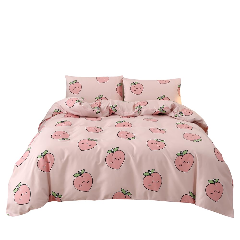 SDY 3PCS Pink Kawaii Duvet Cover Set, Soft Peach Print Pattern with Zipper Closure, Cute for Girls, Kids and Teens, Queen
