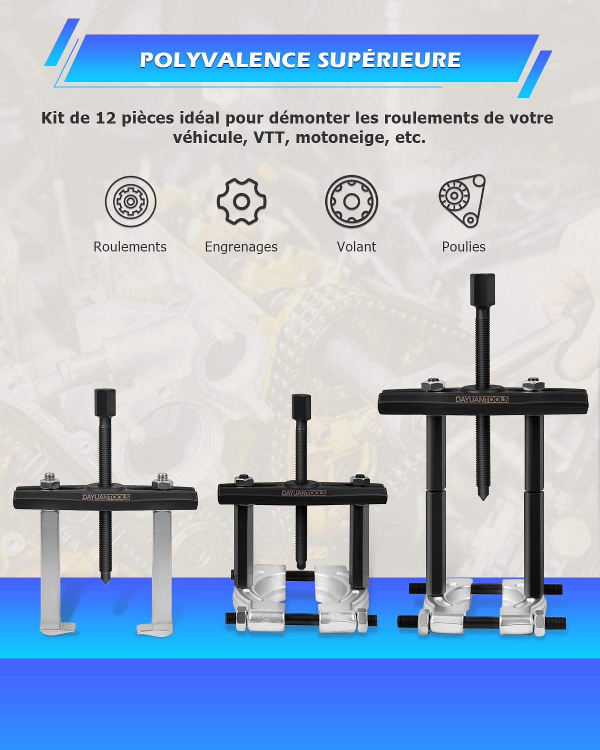 DAYUAN 14 pièces Kit Extracteur de roulement Jeu d'outils extracteur Kit Couteau de séparation, décolleurs d'engrenages et de roulements- 5 cm et 7,6 cm