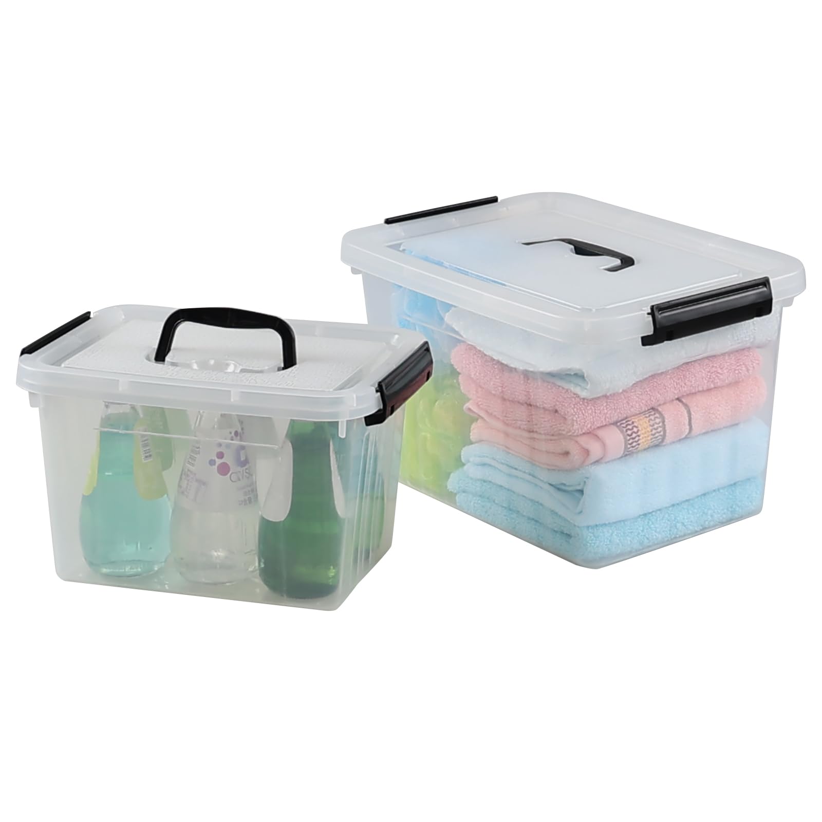 Scatole portaoggetti in plastica trasparente con manici, confezione da 2, con chiusura a scatto, 12 L e 6 L