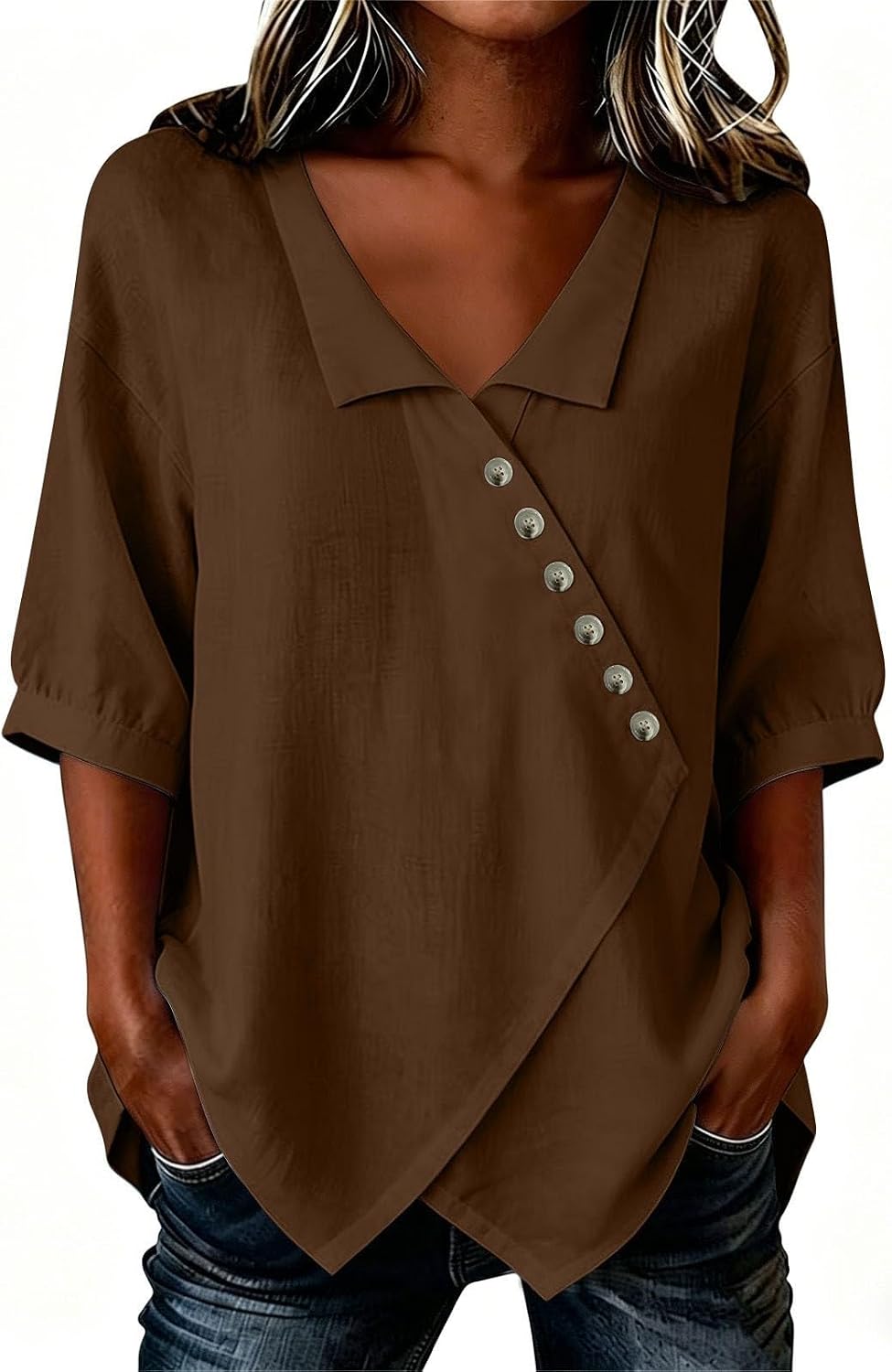 Womens Linen Tops Asymmetrical Button Tunic Blouses Short Sleeve Loose Fit Casual Summer Travel Shirts Everyday Wear