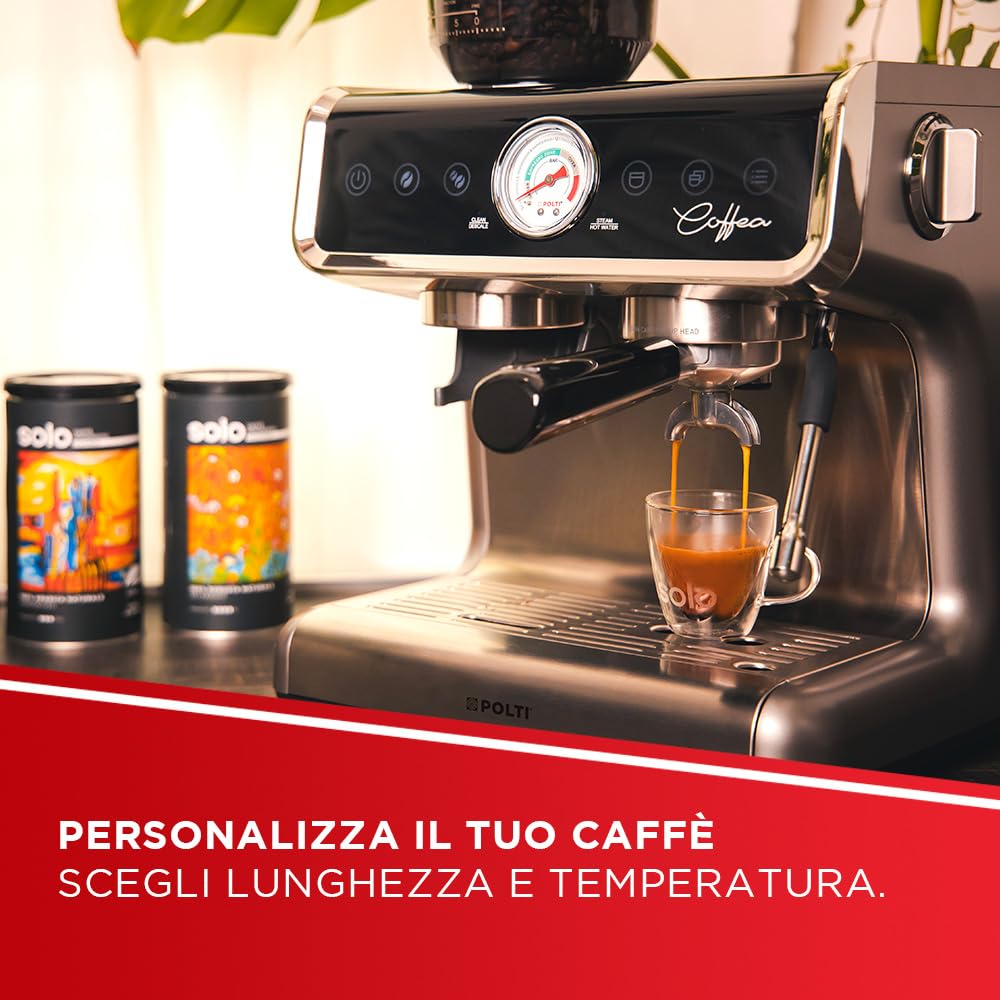 Polti Coffea G50S, Macchina da Caffè con Macina Grani Integrato, per Espresso e Cappuccino, 30 Livelli di Macinatura, Steamymilk Professionale per Montare il Latte, Argento