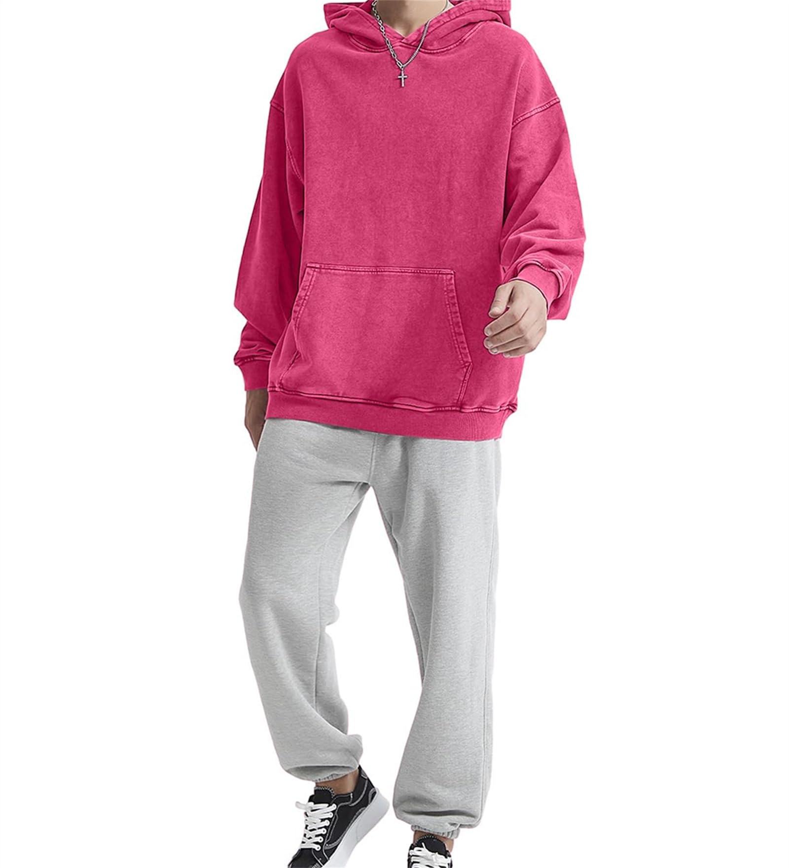 Felpa con cappuccio da uomo oversize unisex con lavaggio acido leggera in cotone vintage baggy lavato tempo libero hip hop con tasca top
