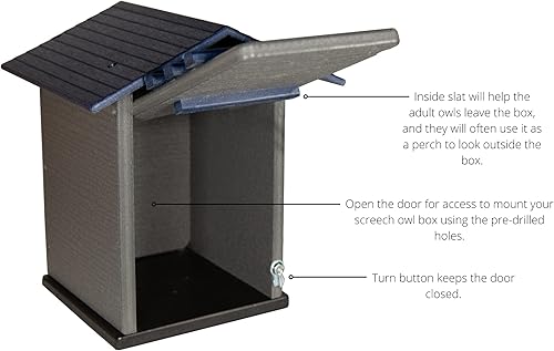 Miniatura 4 de JCS Wildlife Caja nido de búho de polietileno azul y gris, ideal para búhos sierreros y cernícalos también, limpiar la puerta hace que la limpieza