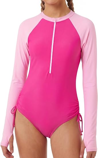 Girls One Piece Swimsuits Pink Color Block Half-Zip Rash Guard Swimwear Long Sleeve Bathing Suit Side Drawstring for Teens Size 11-12 Summer Beach