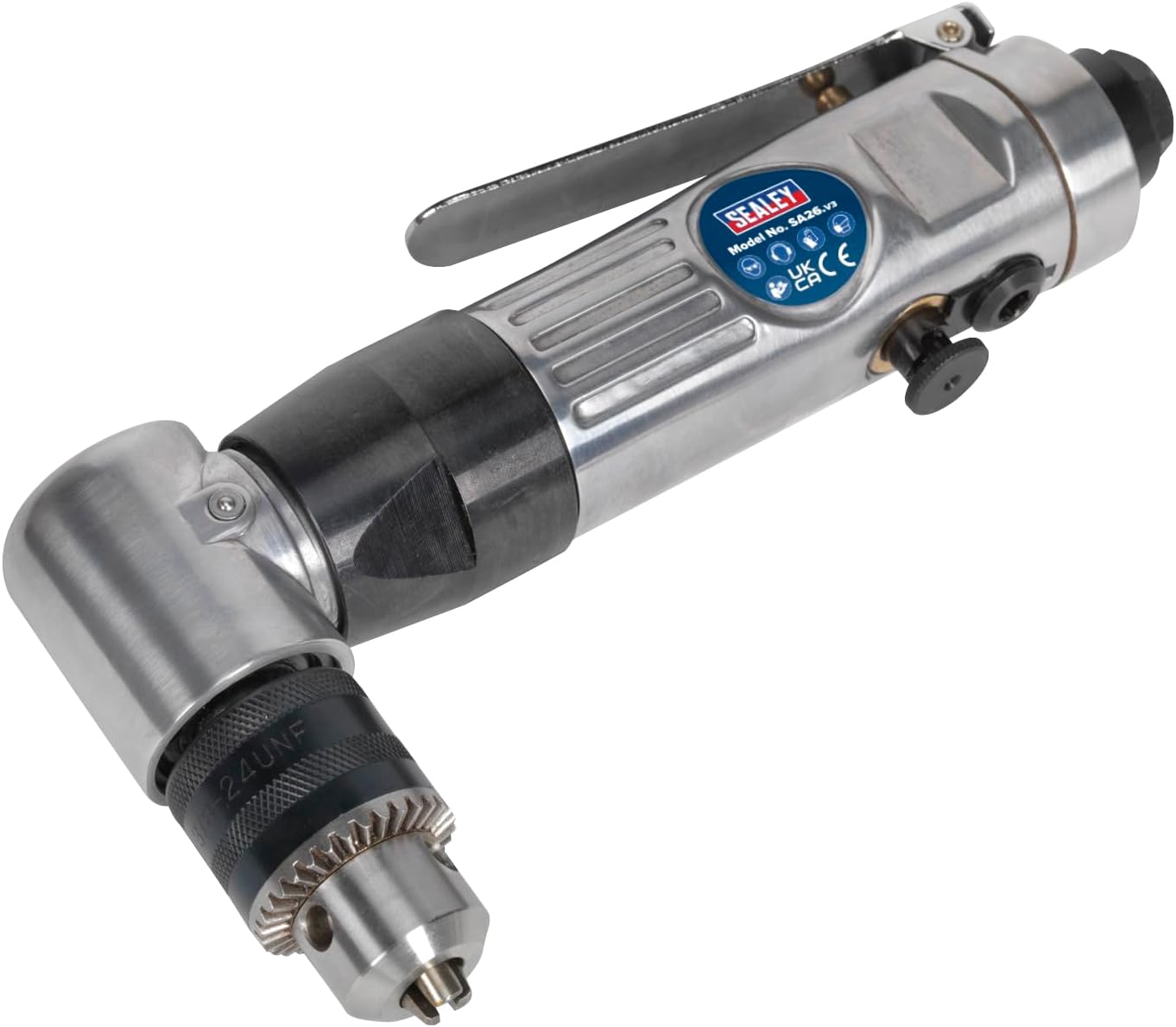 Sealey SA26 Reversible Air Angle Drill, 10mm Ø, 52mm x 230mm x 113mm, Silver