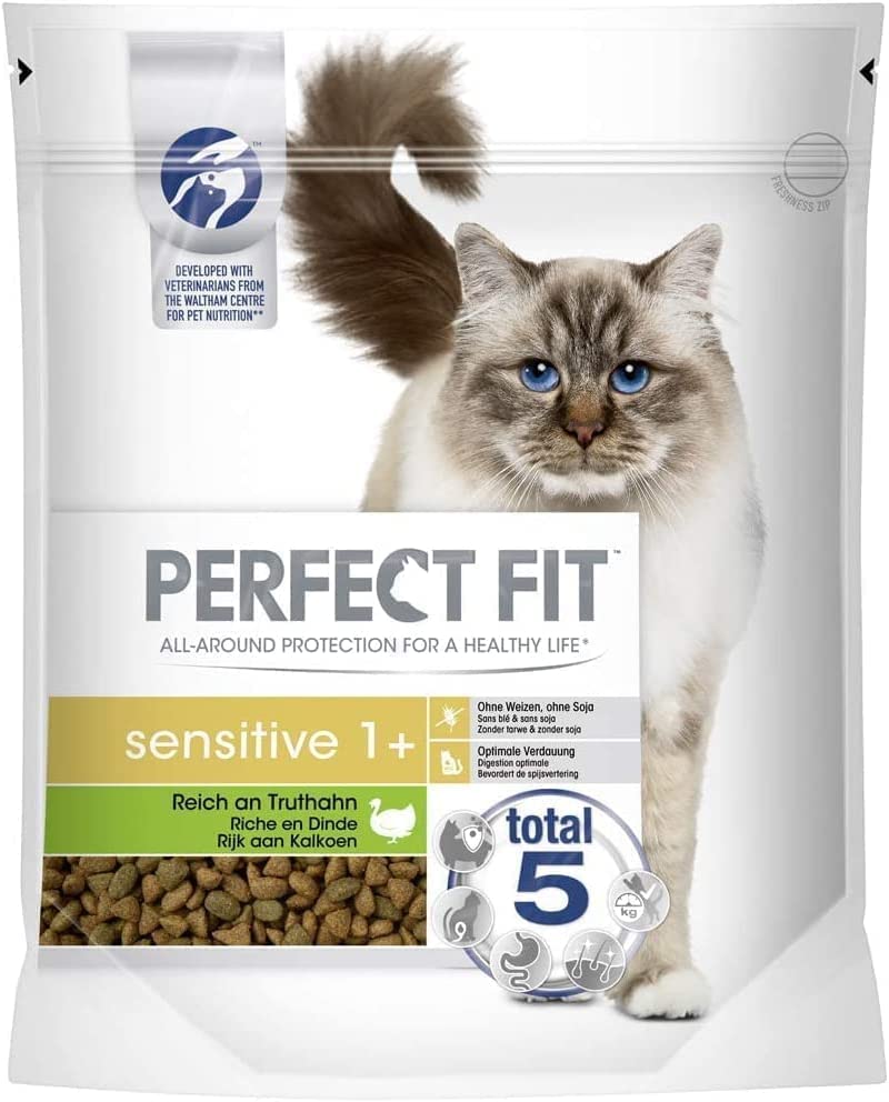 Perfect Fit Sensitive 1+ – Trockenfutter für erwachsene, sensible Katzen ab 1 Jahr – Reich an Truthahn – Ohne Weizen und Soja – Unterstützt die Verdauung – 6 x 750 g