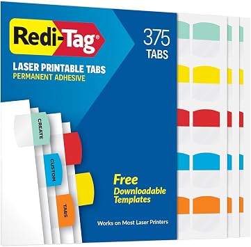 Redi-Tag Laser Printable Tabs, Permanent Index Tabs, Customizable Adhesive Labels, 5 Assorted Colors Yellow, Red, Blue, Green, Orange, 1.125" x 1.25", 375 Per Pack B39020