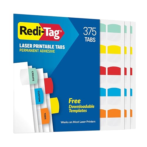 Redi-Tag Laser Printable Tabs, Permanent Index Tabs, Customizable Adhesive Labels, 5 Assorted Colors: Yellow, Red, Blue, Green, Orange, 1.125" x 1.25", 375 Per Pack (B39020)