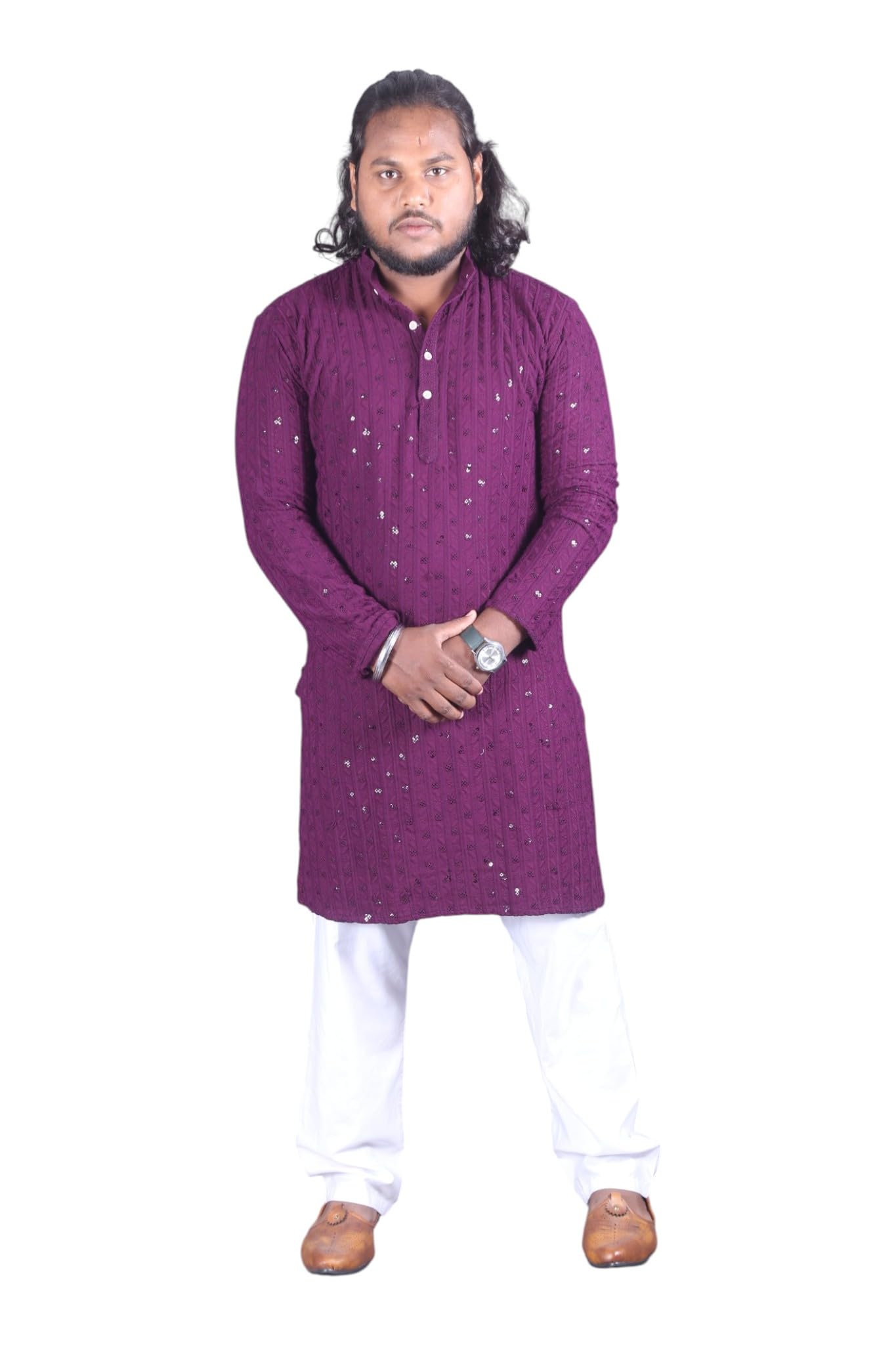 Men's Casual Formal Wear Indo-Western Style, Purple Silk Shirt with Silver Embroidery and Pants-picture-54