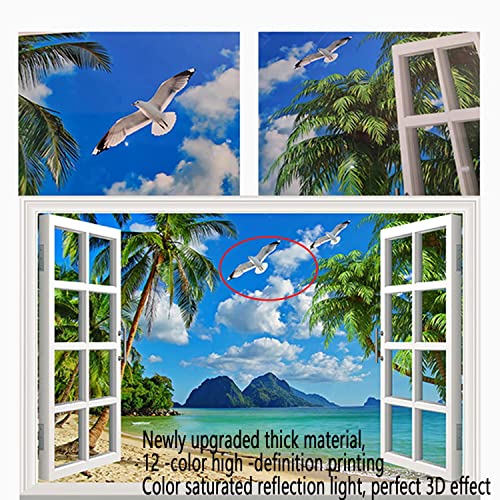 Fake Window Removable Wall Sticker Mural 3D Self-Adhesive Window Poster Decal-50"X35" Summer Beach Creative Window Decor Wallpaper Peel And Stick Faux Window Picture For Bedroom Living Room Office #TOP4