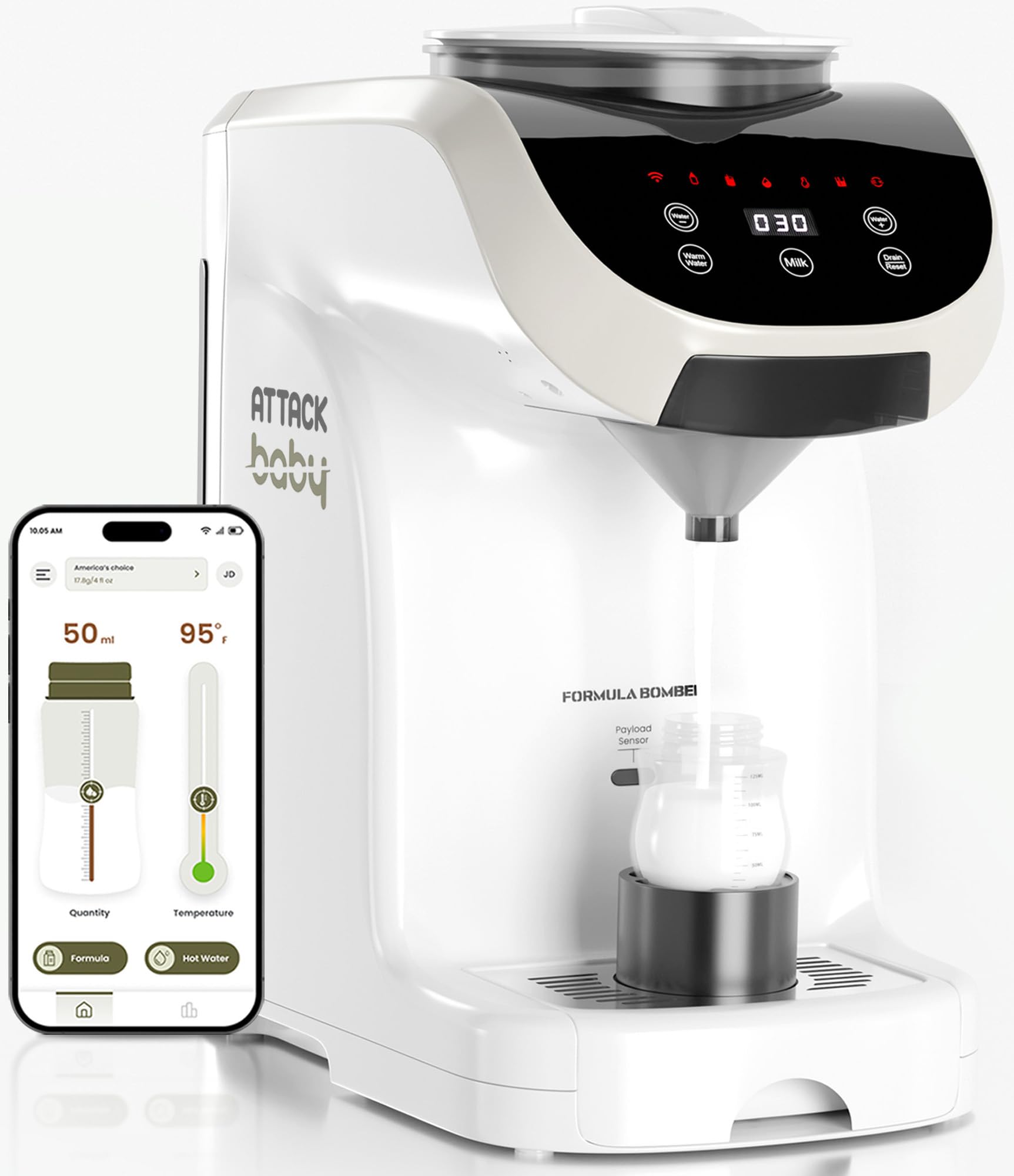 attack baby formula maker machine - upgraded accurate wifi formula dispenser with inbuilt sensors to prevent malnutrition - instant heating & automatic mixing - quick warm bottle (smart (app control))