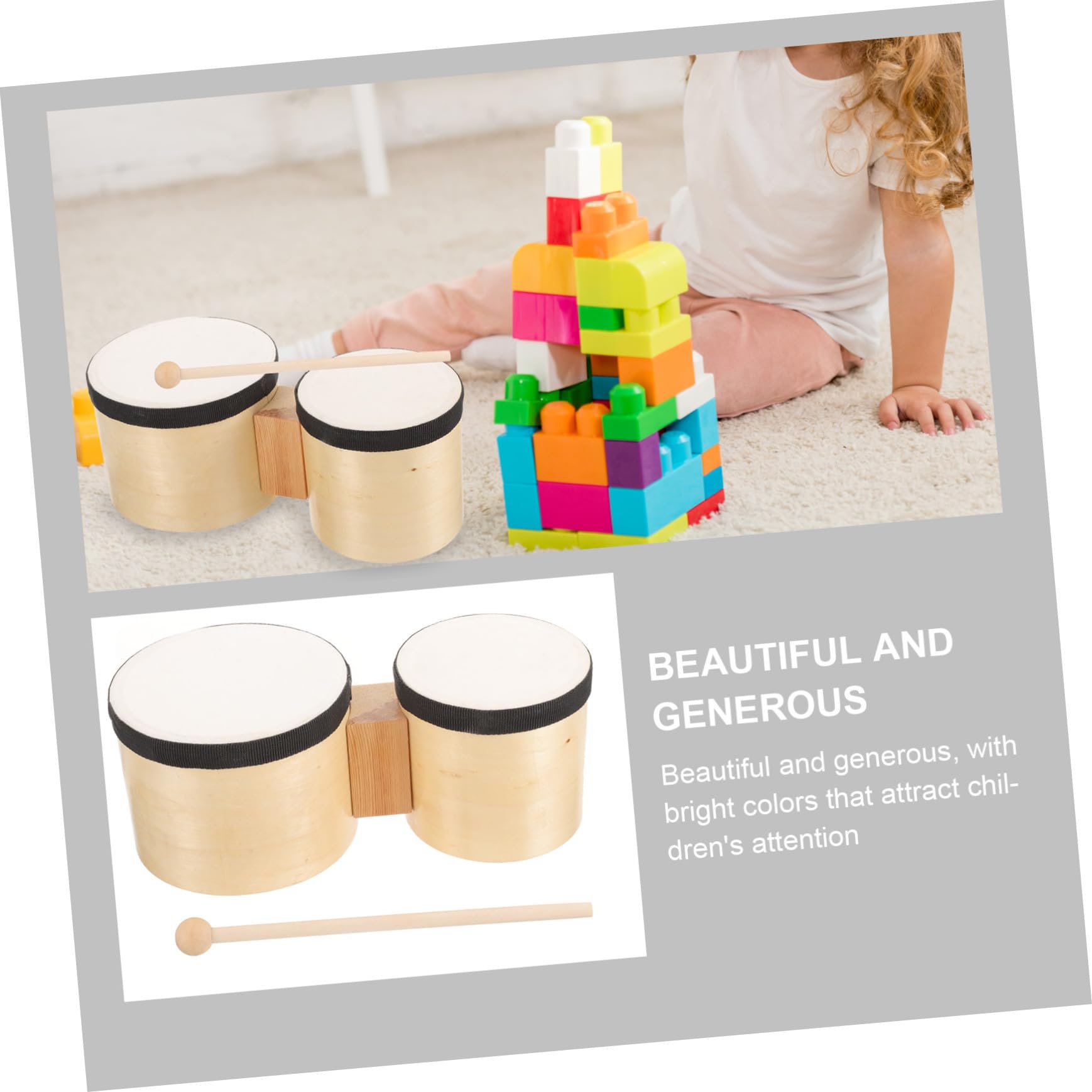 Bongó de Percusión de Madera Beige para Educación Temprana, 4 y 5 Pulgadas