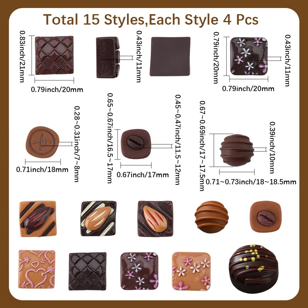 SUNNYCLUE 1 scatola 60 pezzi 15 stili Cioccolato Artificiale Resina Ciondoli Cioccolato All'Ingrosso Mini Assortiti Finti 3D Carini Ciondoli Cabochon Imitazione Dessert per Casa Ufficio Cucina Scrivan