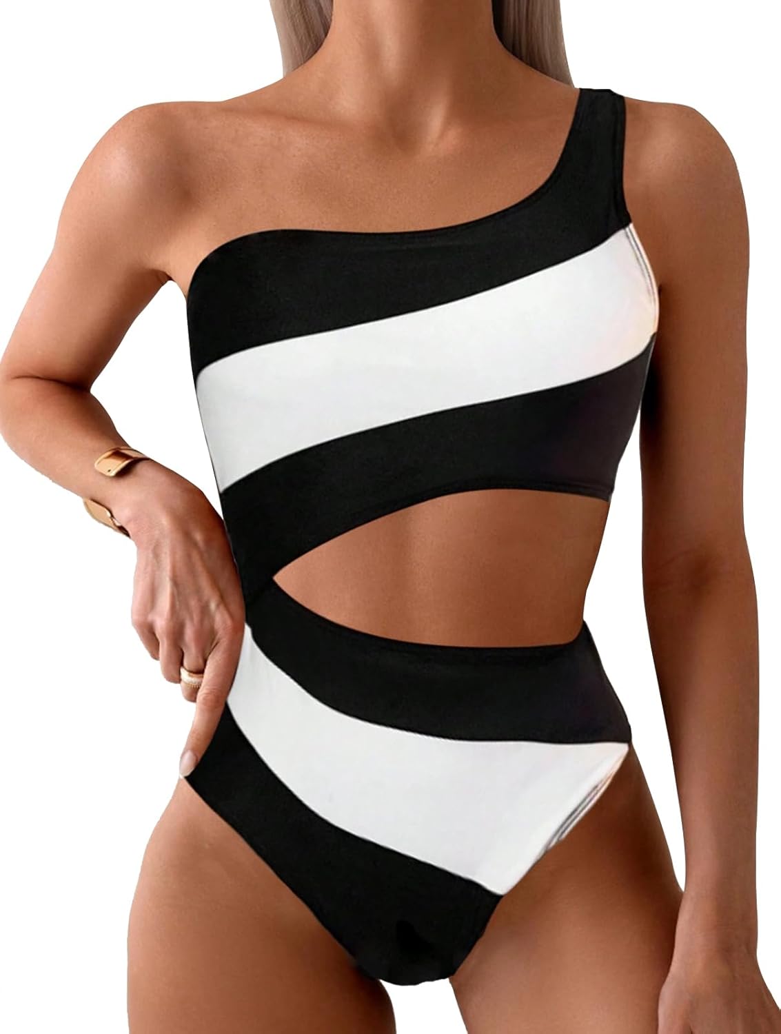 Leoparts Women's Color Block One Piece Swimsuits Monokini One Shoulder Cutout High Cut Bathing Suits Beachwear