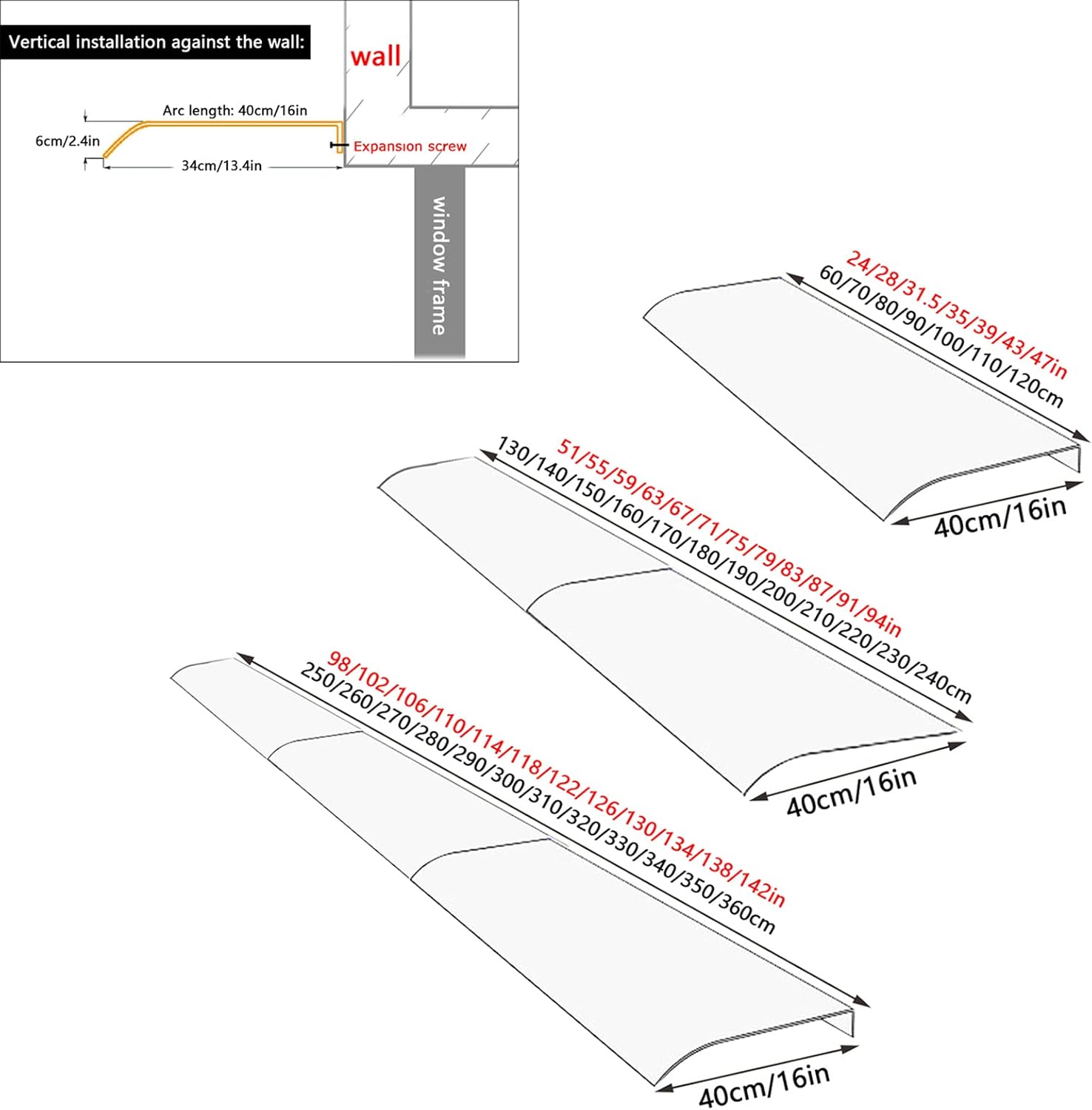 Front Door Canopy Awning Outdoor Awning,Window Rain Shelter Cover Porch Awning,Modern Polycarbonate Solid Sheet Uv Rain Snow Sunlight Protection Easy to Assemble (40x80cm/16 x31.5)