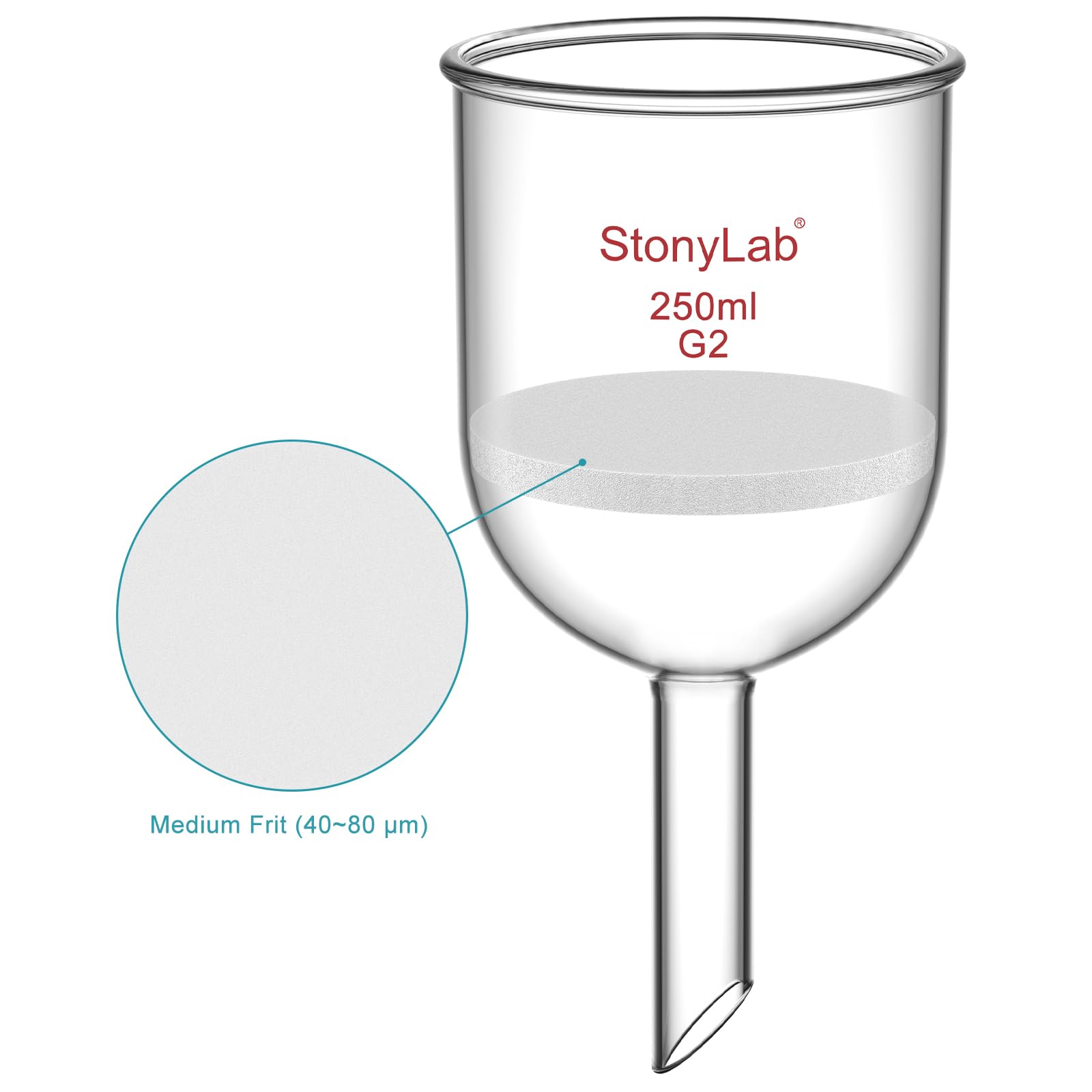 StonyLab Glas Büchnertrichter, Borosilikatglas Buchner Filtertrichter mit mittlerer Fritte(G2), 76mm Scheibendurchmesser, 80mm Tiefe, mit 24/40 Standard Taper Innengelenk - 250ml