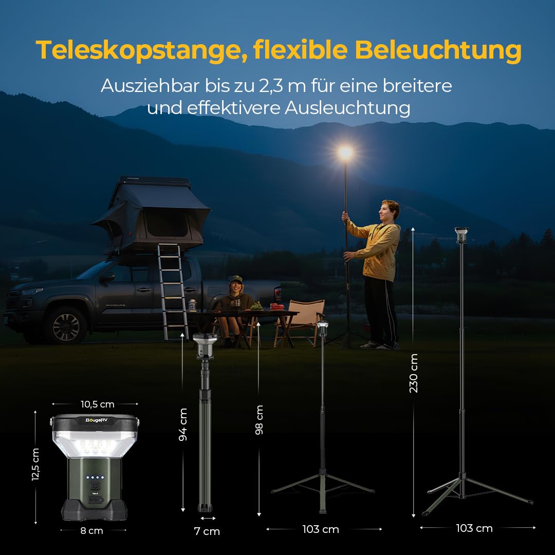 BougeRV Campinglampe CL03, 7-90 Std. Laufzeit, 2,3m Einziehbar, Dunkelgrün | 3200LM, 8000mAh Aufladbar Campinglaterne, Teleskop-Arbeitsbeleuchtung für Overlanding, RV, Camping, Baustelle, Garage