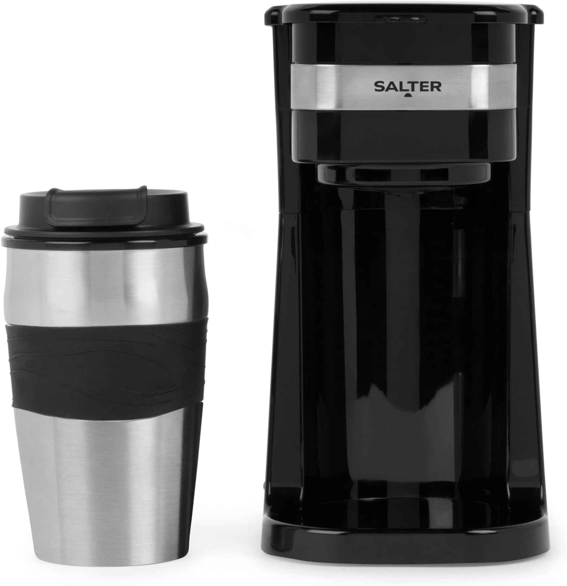 One Cup Coffee Maker – Filter Coffee Machine, Washable & Reusable Filter, Includes 420ml Stainless Steel Travel Mug, Brew Coffee To Go In 3-4 Minutes, Suitable For Ground Coffee/Pads, EK2408
