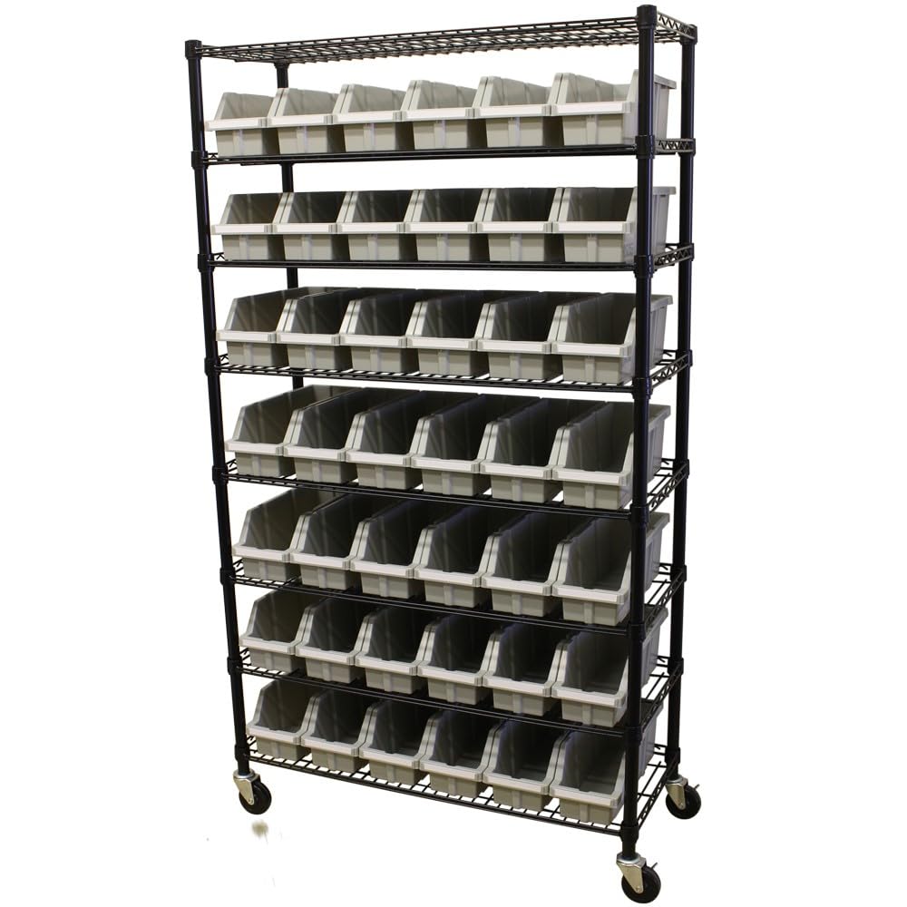 Garden Store Direct Shelving Unit 91cmx x36cm x 160cm, 8 Shelf Commercial Racking with 42 Grey Storage Bins and Levelling Feet, Trolley on Wheels