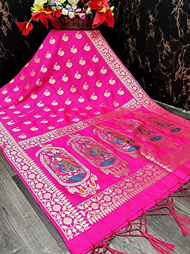 Women's Woven Banarasi Silk Zari Dupatta/Chunni, Width 1 Meter, Length 2.5 Meter Deep Pink 2cm2