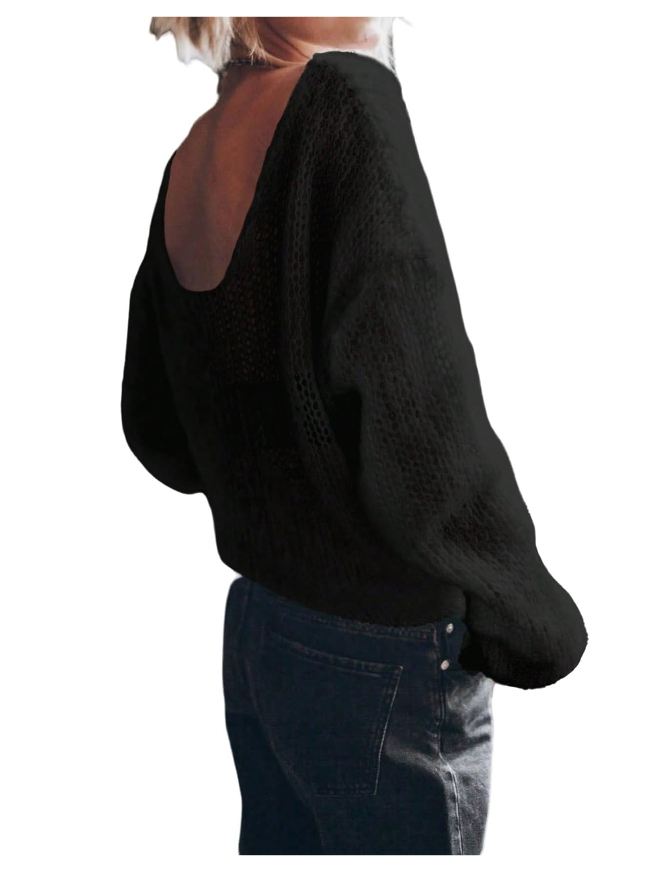 Womens Sheer Crochet Sweaters See Through Long Sleeve Knit Loose Pullover Tops